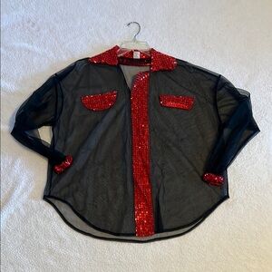 Design by Valerry size M Costume Sheer Black Blouse with Red Sequin Accents